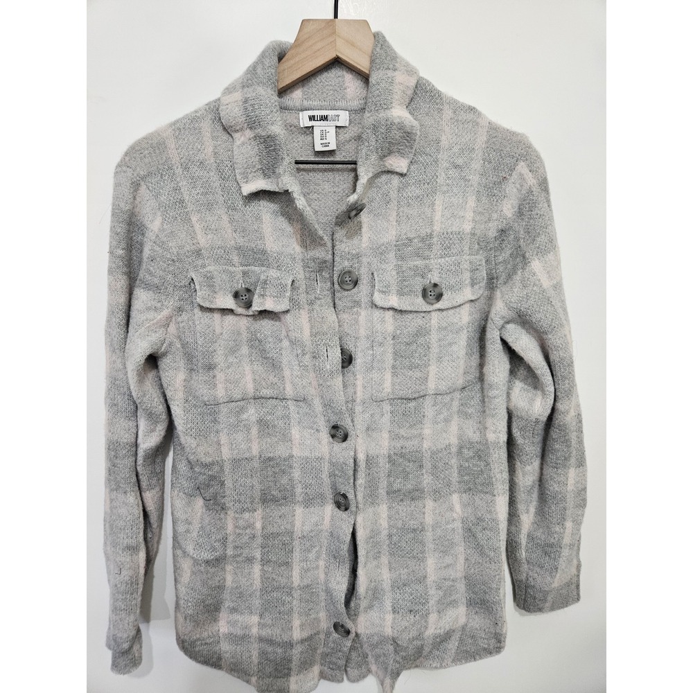William Rast Womens Grey Plaid Knit Shacket Button Front Sweater Jacket Size S